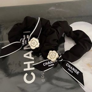 New Hair scrunchie-white Camellia flower on Black